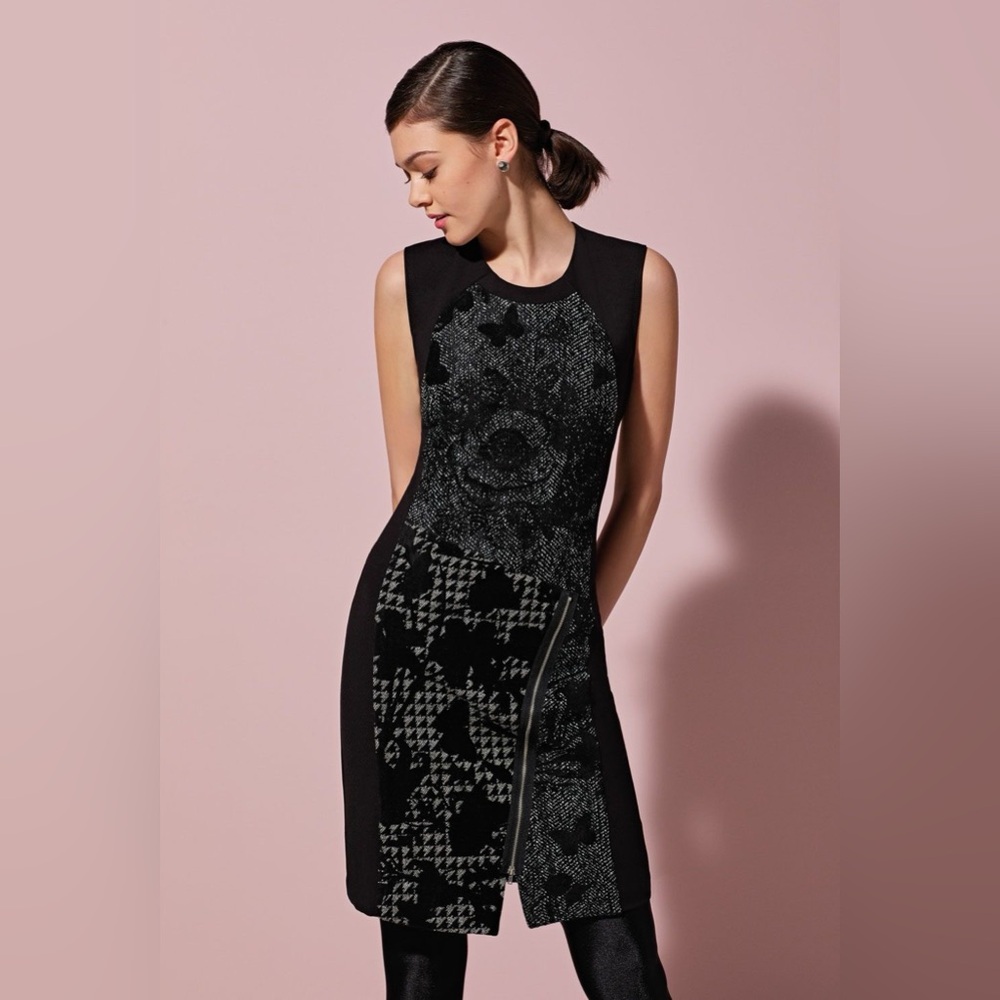 NWOT Desigual Dress bottom asymmetrical zipper Black patterned inserts